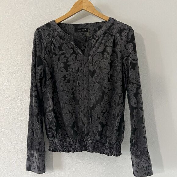 Ivanka Trump Velvet Floral Shirt Womens M Gray Smocked Waist Split Neck Elegant - Picture 1 of 11